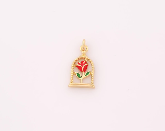 1 pcs Gold Enamel Rose Pendant,18K Gold Filled Flower Charm,Red Rose Charms DIY Bracelet Necklace Jewelry Making Findings Supply