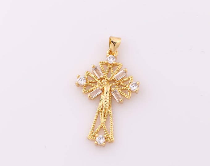 1 pcs Gold CZ Cross Pendant,18K Gold Filled Religion Charm,Victim Charm DIY Bracelet Necklace Jewelry Making Findings Supply