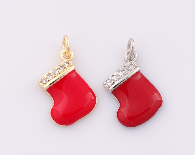 1 pcs Gold CZ Christmas Stocking Pendant,18K Gold Filled Enamel Stocking Charm,DIY Bracelet Necklace Jewelry Making Findings Supply