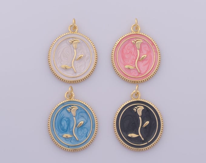 1 pcs Gold Enamel Flower Pendant,18K Gold Filled Round Charm,Flower Charms DIY Bracelet Necklace Jewelry Making Findings Supply