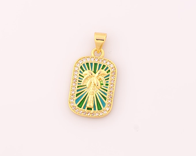 1pcs Gold Enamel Coconut Tree Pendant,18K Gold Filled Tree Charm,CZ Coconut Tree Charms DIY Bracelet Necklace Jewelry Making Findings Supply