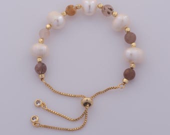 1 Str Gold Pearl Opal Box Bracelet,18K Gold Filled Retractable Chain Bracelet,Gift for Her
