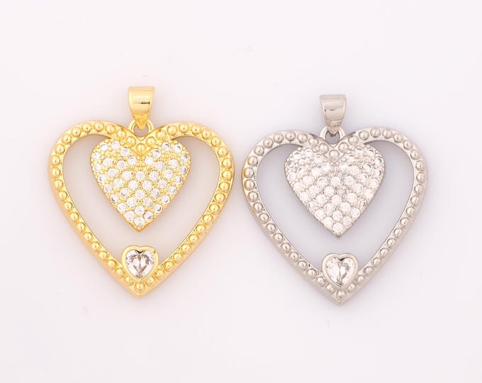 1 pcs Gold CZ Heart Pendant,18K Gold Filled Heart Charm,Heart Charm DIY Bracelet Necklace Jewelry Making Findings Supply