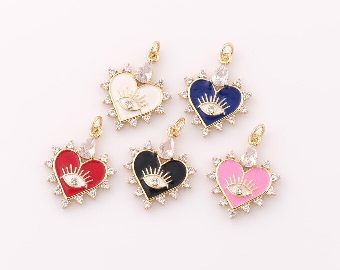 1 pcs Gold Enamel Evil Eye Pendant,18K Gold Filled Heart Charm,Devil Eye Charm DIY Bracelet Necklace Jewelry Making Findings Supply
