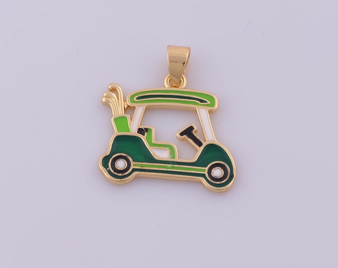 1 pcs Gold Enamel Golf Cart Pendant,18K Gold Filled Golf Charm,Car Charms DIY Bracelet Necklace Jewelry Making Findings Supply
