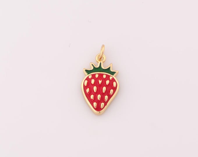 1 pcs Gold Enamel Strawberry Pendant,18K Gold Filled Fruit Charm,Strawberry Charms DIY Bracelet Necklace Jewelry Making Findings Supply