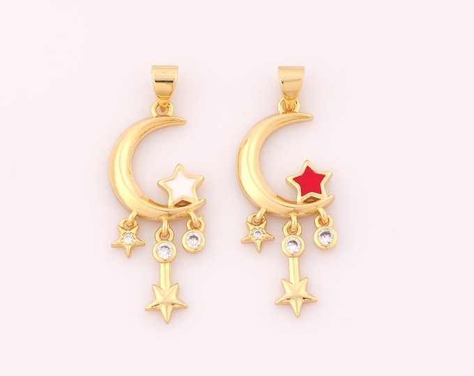 1 pcs Gold CZ Moon Pendant,18K Gold Filled Star Charm,Enamel Celestial Charms DIY Necklace Jewelry Making Findings Supply