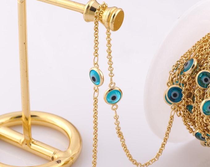 1 Meter Gold Evil Eye Chain, 18K Gold Filled Semi Finished Chain, Specialty Chains, DIY Jewelry Making Supplies