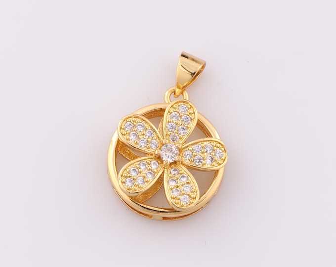 1 pcs Gold CZ Flower Pendant,18K Gold Filled Rotatable Charm,Flower Charm DIY Bracelet Necklace Jewelry Making Findings Supply