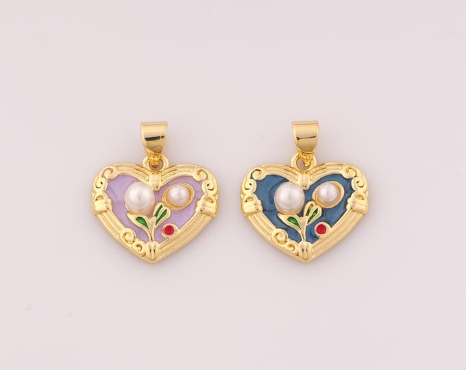 1 pcs Gold Enamel Heart Pendant,18K Gold Filled Flower Charm,Love Charms DIY Bracelet Necklace Jewelry Making Findings Supply