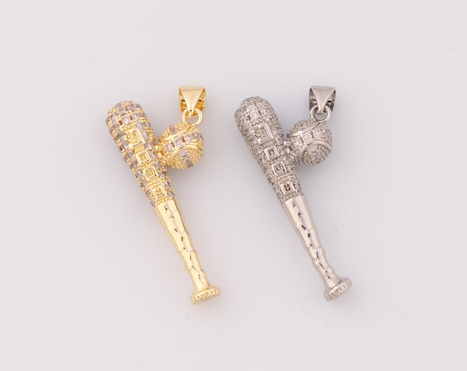 1 pcs Gold CZ Baseball Bat Pendant,18K Gold Filled Ball Charm,Baseball Bat Charms,DIY Bracelet Necklace Jewelry Making Findings Supply