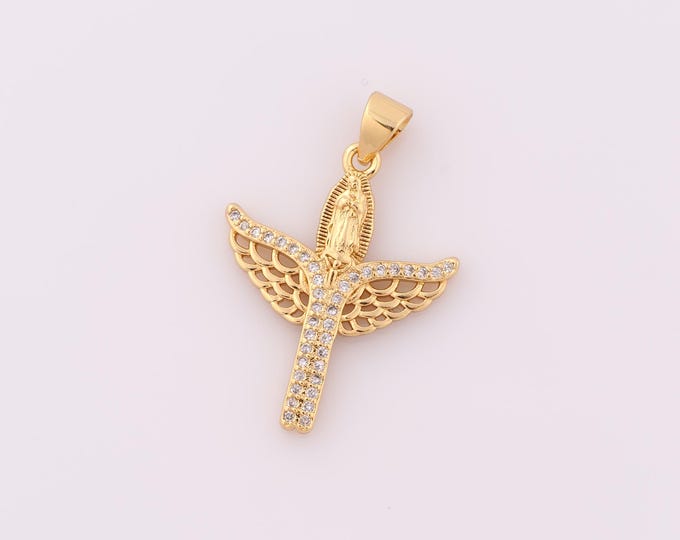1 pcs Gold CZ Virgin Mary Pendant,18K Gold Filled Cross Charm,Wing Charm DIY Bracelet Necklace Jewelry Making Findings Supply