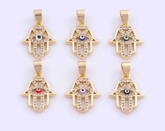 1 pcs Gold Enamel Hamsa Pendant,18K Gold Filled Evil Eye Charm,CZ Fatima Charms DIY Bracelet Necklace Jewelry Making Findings Supply