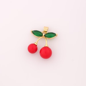 1 pcs Gold Enamel Cherry Pendant,18K Gold Filled Fruit Charm,Cherry Charms DIY Bracelet Necklace Jewelry Making Findings Supply