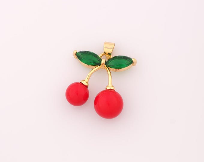1 pcs Gold Enamel Cherry Pendant,18K Gold Filled Fruit Charm,Cherry Charms DIY Bracelet Necklace Jewelry Making Findings Supply
