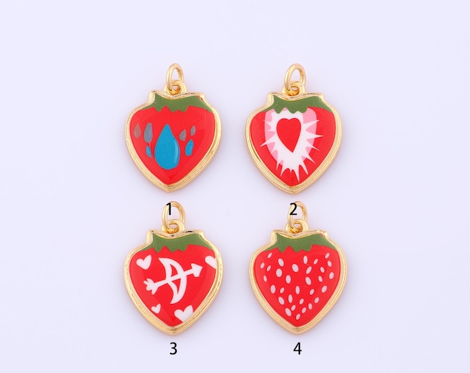 1 pcs Gold Enamel Strawberry Pendant,18K Gold Filled Heart Charm,Bow and Arrow Charms DIY Bracelet Necklace Jewelry Making Findings Supply