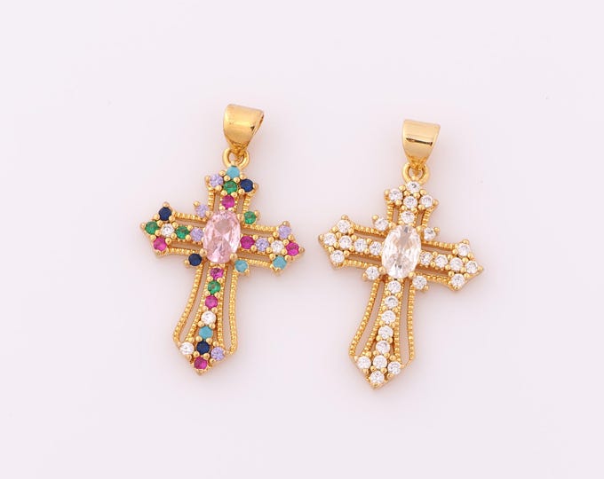 1 pcs Gold CZ Cross Pendant,18K Gold Filled Religion Charm,Christian Charm DIY Bracelet Necklace Jewelry Making Findings Supply