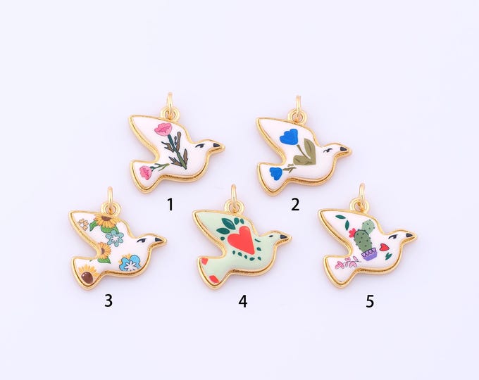 1 pcs Gold Enamel Peace Dove Heart Pendant,18K Gold Filled Cactus Charm,Flower Charms DIY Bracelet Necklace Jewelry Making Findings Supply
