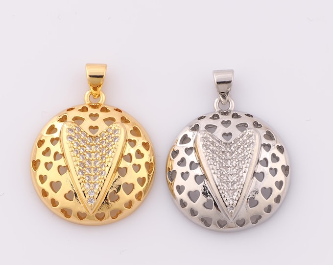 1 pcs Gold CZ Round Pendant,18K Gold Filled Heart Charm,Minimalist Charm DIY Bracelet Necklace Jewelry Making Findings Supply
