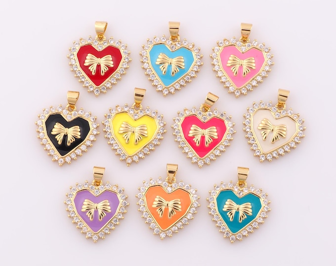 1 pcs Gold CZ Heart Pendant,18K Gold Filled Bow Charm,Heart Charm DIY Bracelet Necklace Jewelry Making Findings Supply