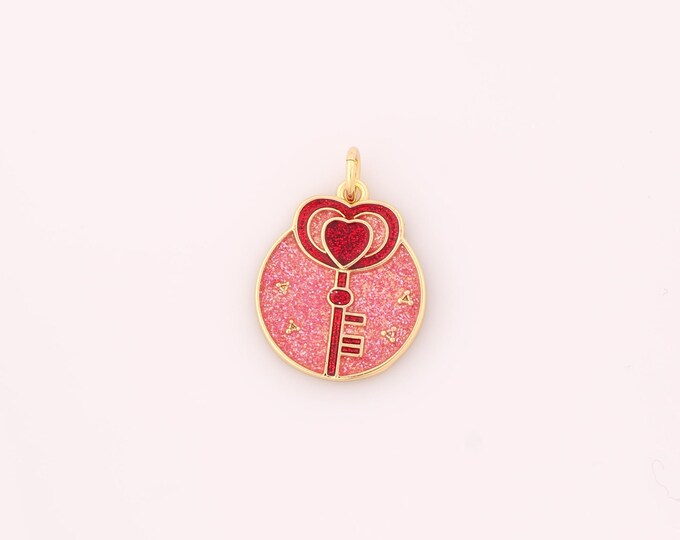 1 pcs Gold Enamel Key Pendant,18K Gold Filled Round Charm,Key Charms DIY Bracelet Necklace Jewelry Making Findings Supply