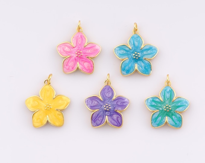 1 pcs Gold Enamel Flower Pendant,18K Gold Filled Plant Charm Flower Charms,DIY Bracelet Necklace Jewelry Making Findings Supply