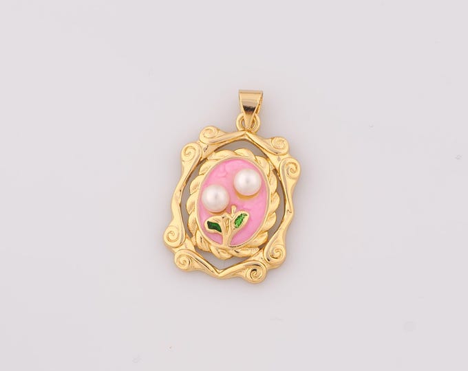 1 pcs Gold Enamel Flower Pendant,18K Gold Filled Mirror Charm Flower Charms,DIY Bracelet Necklace Jewelry Making Findings Supply