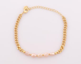 1 Str Gold Freshwater Pearl Bracelet,18K Gold Filled Curb Bracelet,Chain Bracelet,Gift for Her