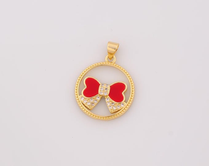 1 pcs Gold Enamel Bow Pendant,18K Gold Filled Round Charm,CZ Bow Charms DIY Bracelet Necklace Jewelry Making Findings Supply