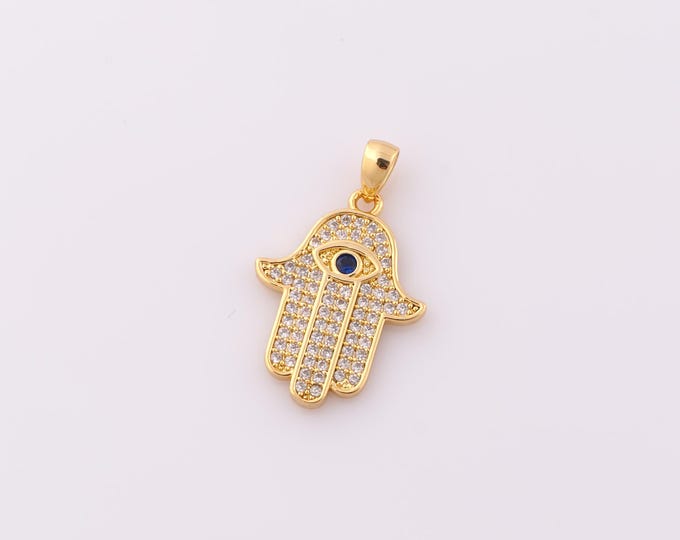 1 pcs Gold CZ Hamsa Pendant,18K Gold Filled Fatima Charm,Evil Eye Charm DIY Bracelet Necklace Jewelry Making Findings Supply