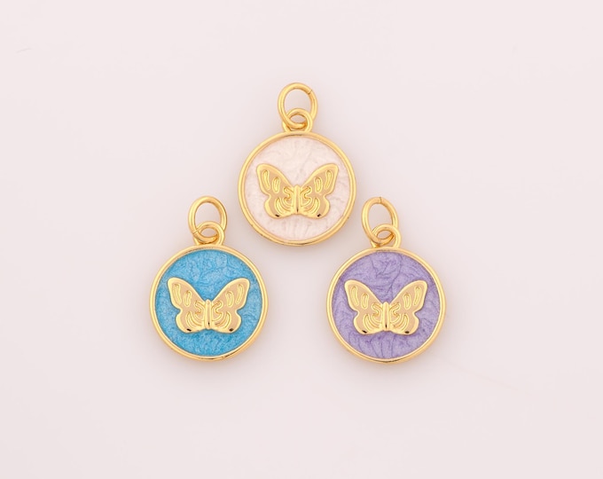 1 pcs Gold Enamel Butterfly Pendant,18K Gold Filled Insect Charm,Round Charms DIY Bracelet Necklace Jewelry Making Findings Supply