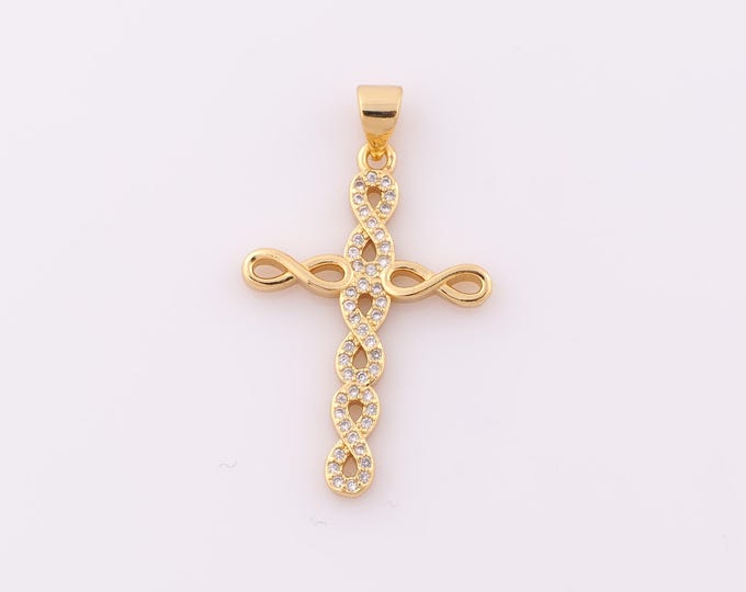 1 pcs Gold CZ Cross Pendant,18K Gold Filled Religion Charm,Christian Charm DIY Bracelet Necklace Jewelry Making Findings Supply