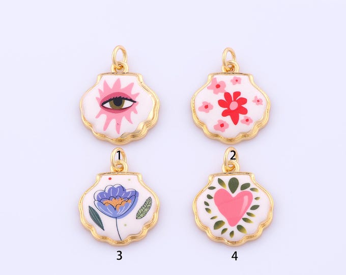 1 pcs Gold Enamel Shell Pendant,18K Gold Filled Oyster Charm,Heart Flower Charms DIY Bracelet Necklace Jewelry Making Findings Supply