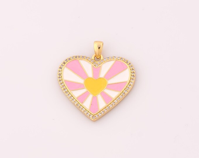 1 pcs Gold Enamel Heart Pendant,18K Gold Filled Love Charm,CZ Heart Charms DIY Bracelet Necklace Jewelry Making Findings Supply