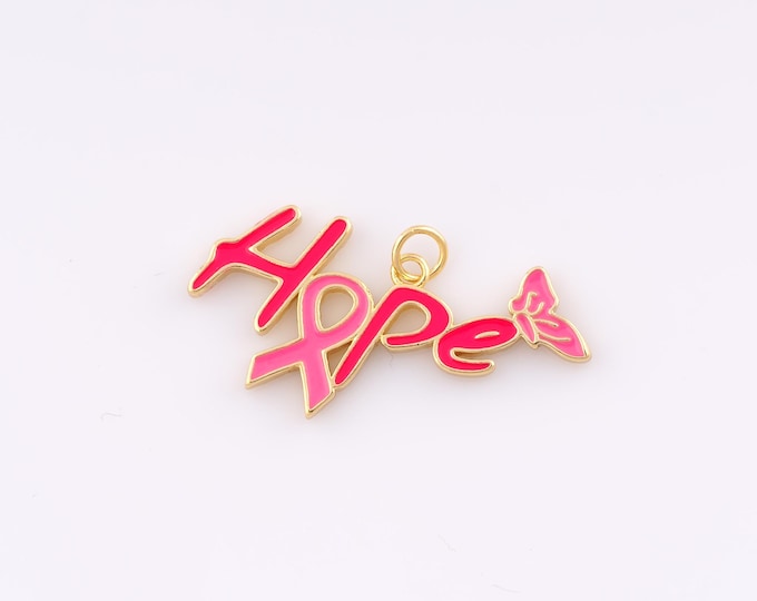 Gold Enamel Breast Cancer Awareness Silk Ribbon Pendant,18K Gold Filled Butterfly Charm DIY Bracelet Necklace Jewelry Making Findings Supply