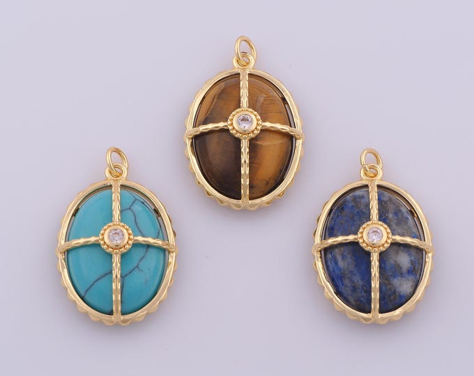 1 pcs Gold CZ Natural Stone Pendant,18K Gold Filled Oval Charm,Energy Stone Charms DIY Bracelet Necklace Jewelry Making Findings Supply