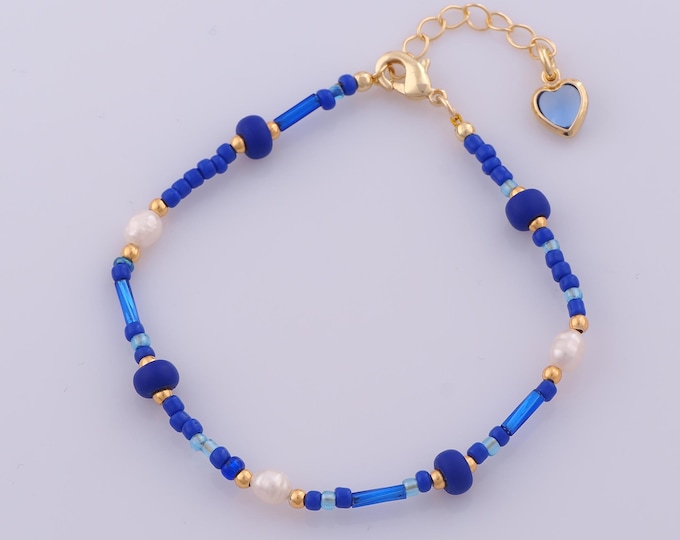1 Str Gold Natural Stone Bracelet,18K Gold Filled Beaded Bracelet,Heart Extension ChainBracelet,Gift for Her