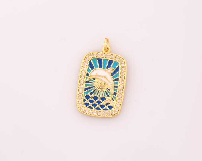 1 pcs Gold Enamel Dolphin Pendant,18K Gold Filled Animal Charm,CZ Dolphin Charms DIY Bracelet Necklace Jewelry Making Findings Supply