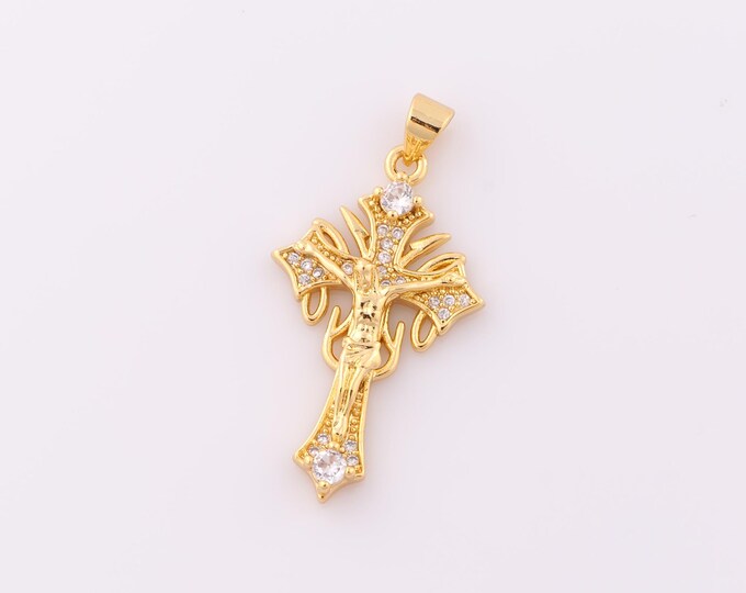 1 pcs Gold CZ Cross Pendant,18K Gold Filled Religion Charm,Victim Charm DIY Bracelet Necklace Jewelry Making Findings Supply
