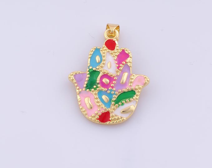 1 pcs Gold Enamel Hamsa Pendant,18K Gold Filled Fatima Charm,Hand Charms DIY Bracelet Necklace Jewelry Making Findings Supply