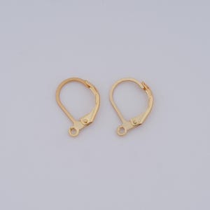 May include: Two gold-toned earring hooks, also known as leverback earring findings, are shown against a white background.