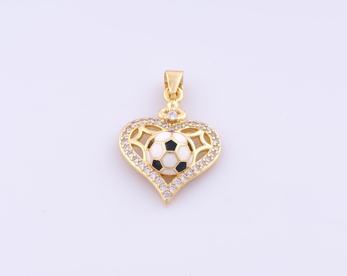1 pcs Gold CZ Heart Pendant,18K Gold Filled Football Charm,Enamel Soccer Charms DIY Bracelet Necklace Jewelry Making Findings Supply