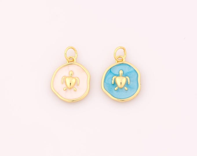 1 pcs Gold Enamel Turtle Pendant,18K Gold Filled Round Charm,Turtle Charms DIY Bracelet Necklace Jewelry Making Findings Supply