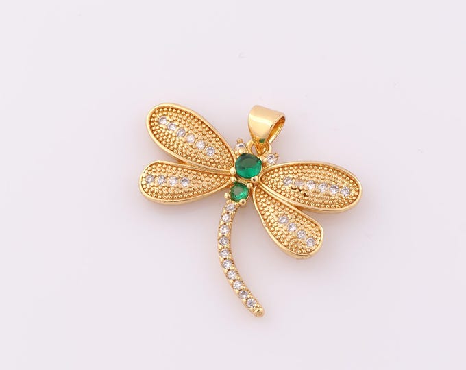 1 pcs Gold CZ Dragonfly Pendant,18K Gold Filled Dragonfly Charm,Dragonfly Charm DIY Bracelet Necklace Jewelry Making Findings Supply