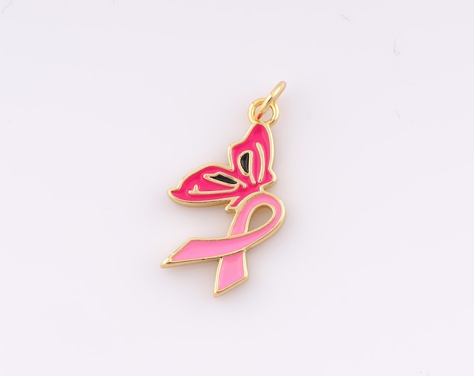 Gold Enamel Breast Cancer Awareness Silk Ribbon Pendant,18K Gold Filled Butterfly Charm DIY Bracelet Necklace Jewelry Making Findings Supply