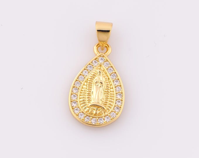 1 pcs Gold CZ Virgin Mary Pendant,18K Gold Filled Religious Charm,Water Drop Charm DIY Bracelet Necklace Jewelry Making Findings Supply