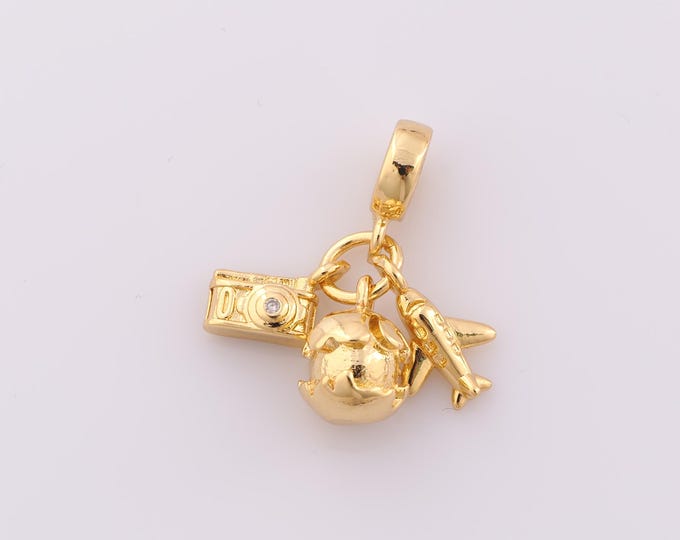 1 pcs Gold CZ Airplane Pendant,18K Gold Filled Camera Charm,Earth Charm DIY Bracelet Necklace Jewelry Making Findings Supply