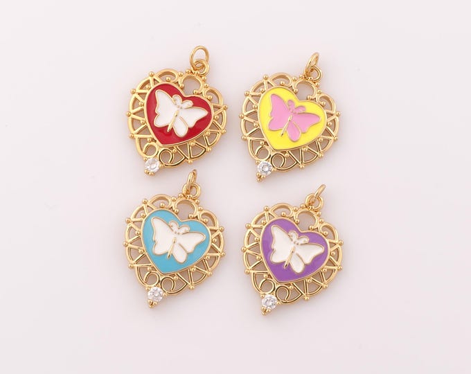 1 pcs Gold Enamel Heart Pendant,18K Gold Filled Butterfly Charm,Heart Charm DIY Bracelet Necklace Jewelry Making Findings Supply