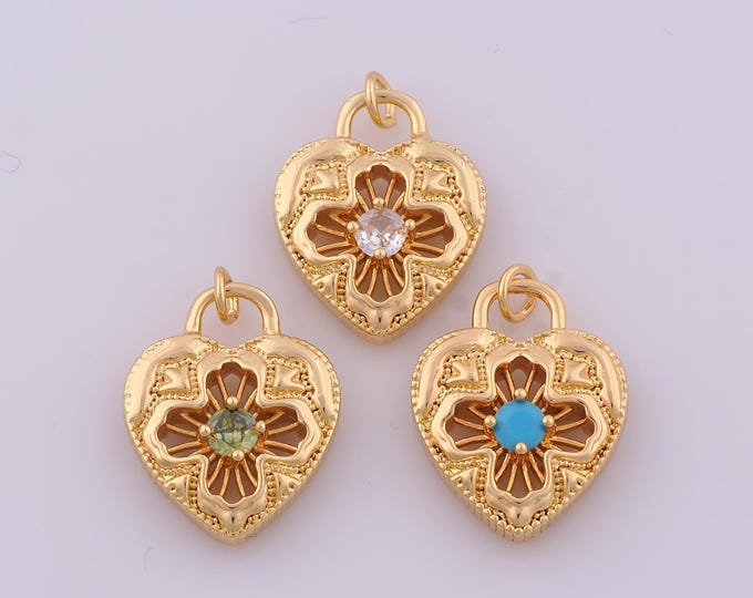 1 pcs Gold CZ Heart Lock Pendant,18K Gold Filled Lock Charm,Heart Charms DIY Bracelet Necklace Jewelry Making Findings Supply