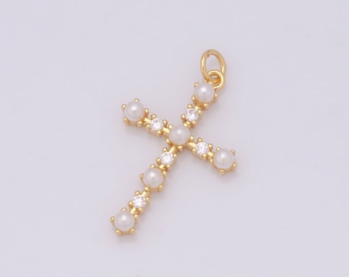 1 pcs Gold Pearl Cross Pendant,18K Gold Filled CZ Religion Charm,Christian Charm DIY Bracelet Necklace Jewelry Making Findings Supply